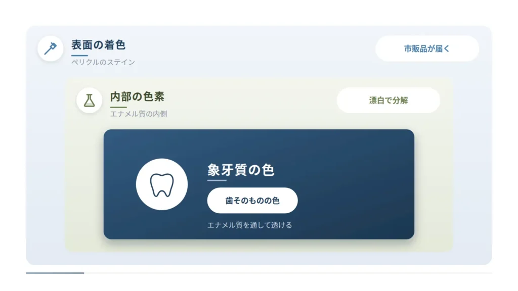 歯の色を決める3つの層を入れ子で整理した図です。外側はペリクルのステインによる表面の着色で市販品が届く範囲、中間はエナメル質の内側にある内部の色素で漂白で分解する範囲、中心は歯そのものの色である象牙質の色を示しています。